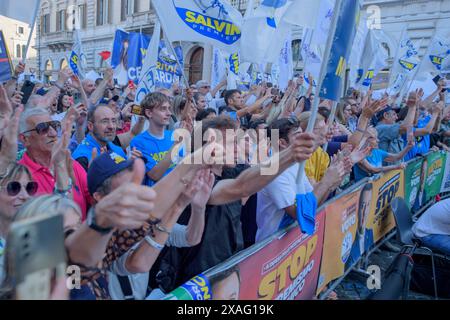 Roma, Italia. 6 giugno 2024. I militanti del partito Lega accolgono calorosamente l'arrivo di Matteo Salvini nella manifestazione politica per la chiusura della campagna elettorale per le elezioni europee del partito della Lega a Roma. (Credit Image: © Marcello Valeri/ZUMA Press Wire) SOLO PER USO EDITORIALE! Non per USO commerciale! Foto Stock
