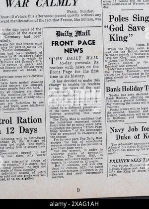 Headline dicendo ai lettori che per la prima volta, le notizie saranno in prima pagina del Daily mail (replica) 4 settembre 1939. Foto Stock