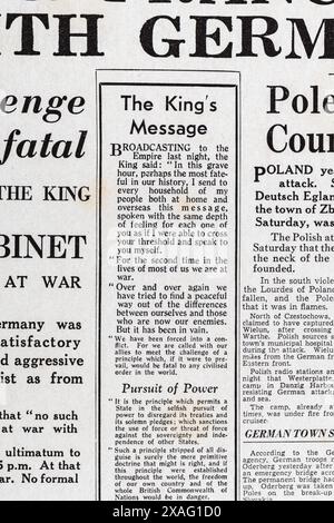 "The Kings Message" in prima pagina del Daily mail (replica) 4 settembre 1939, sullo scoppio della seconda guerra mondiale. Foto Stock