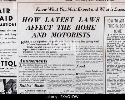 "Come le ultime leggi influiscono sulla casa e sugli automobilisti" titolo del Daily mail (replica) 4 settembre 1939, sullo scoppio della seconda guerra mondiale. Foto Stock