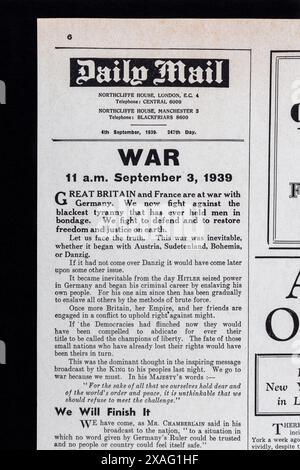 "War" Editors Opinion article in the Daily mail (replica) 4 settembre 1939, sullo scoppio della seconda guerra mondiale. Foto Stock