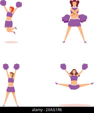 Energiche cheerleader femminili che eseguono una vivace routine con pompon, mostrando entusiasmo e sostegno per il loro team in un evento di competizione scolastica Illustrazione Vettoriale