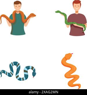 Collezione di simpatiche e colorate illustrazioni di cartoni animati con personaggi che tengono serpenti e diversi tipi di serpenti Illustrazione Vettoriale