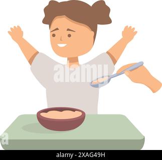 La bambina felice sta alzando le braccia mentre viene nutrita dalla sua tata Illustrazione Vettoriale