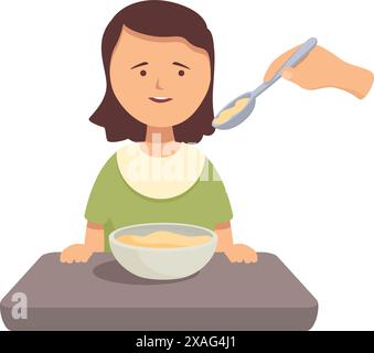 La giovane ragazza gode di una nutriente colazione a base di porridge, nutrita con cura da un genitore amorevole, che mostra le gioie dell'ora dei pasti in famiglia Illustrazione Vettoriale