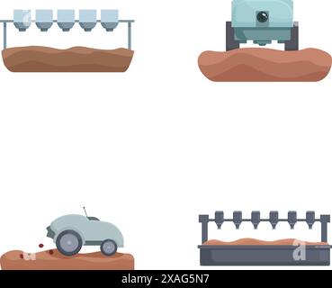 Icone vettoriali con diversi tipi di sistemi di irrigazione agricoli, tra cui l'irrigazione a perno e a goccia Illustrazione Vettoriale