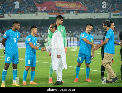 Kolkata, India. 6 giugno 2024. L'India gioca meno gol pareggiando con il Kuwait nella Coppa del mondo FIFA 2026 e nella Coppa d'Asia 2027 preliminare partita del secondo turno di qualificazione congiunta allo storico stadio di Salt Lake (VYBK-Vivekananda Yivabharati Krirangan). È stata la partita di addio del leggendario attaccante/capitano indiano Sunil Chhetri come giocatore nazionale dopo 19 anni di illustre carriera calcistica. (Foto di Amlan Biswas/Pacific Press) credito: Pacific Press Media Production Corp./Alamy Live News Foto Stock