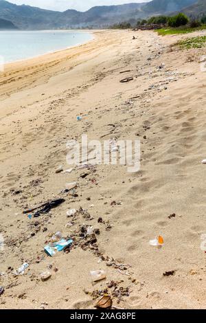 Bottiglie di plastica e altri rifiuti sono stati lavati su una spiaggia tropicale a Lombok Foto Stock