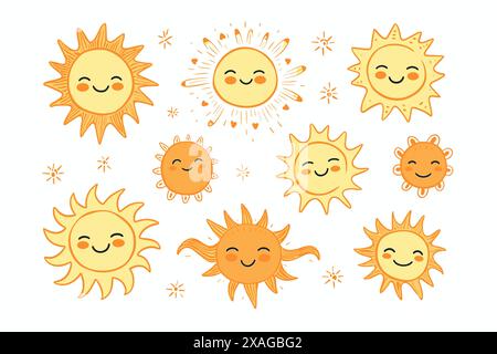 icone del sole disegnate Illustrazione Vettoriale