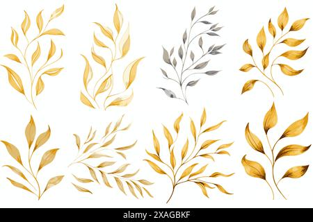 foglie trafilate di vari alberi e cespugli, nero e oro Illustrazione Vettoriale