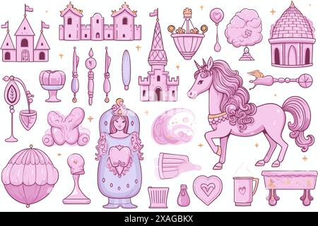 elementi relativi alla principessa unicorno e al castello in rosa Illustrazione Vettoriale