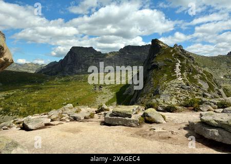 Uno sguardo da una pietra piatta a un sentiero che percorre un ripido pendio di una catena montuosa fino ad una vetta con pietre appuntite. Parco naturale Ergaki, Krasnoyarsk Foto Stock