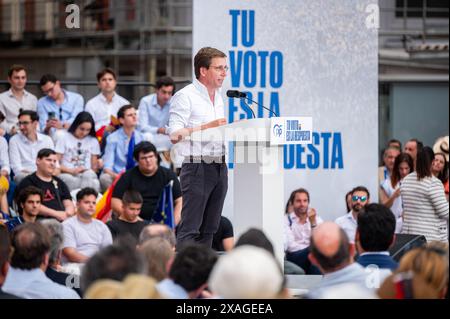 Madrid, Spagna. 6 giugno 2024. Jose Luis Martinez Almeida, sindaco di Madrid, ha parlato durante la cerimonia di chiusura della campagna elettorale del Partito Popolare per le elezioni del Parlamento europeo. Credito: SOPA Images Limited/Alamy Live News Foto Stock