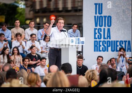 Madrid, Spagna. 6 giugno 2024. Jose Luis Martinez Almeida, sindaco di Madrid, ha parlato durante la cerimonia di chiusura della campagna elettorale del Partito Popolare per le elezioni del Parlamento europeo. Credito: SOPA Images Limited/Alamy Live News Foto Stock