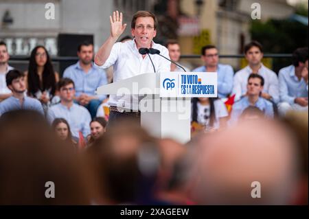 Madrid, Spagna. 6 giugno 2024. Jose Luis Martinez Almeida, sindaco di Madrid, ha parlato durante la cerimonia di chiusura della campagna elettorale del Partito Popolare per le elezioni del Parlamento europeo. Credito: SOPA Images Limited/Alamy Live News Foto Stock