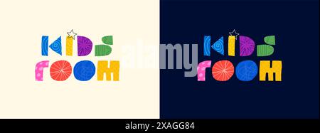 Logo decorativo astratto della camera dei bambini. Moderna scritta con forme grafiche colorate per la pubblicità in sala giochi. I bambini si divertono e giocano in un posto alla moda e creativo. Iscrizione eps in stile cartoni animati Illustrazione Vettoriale