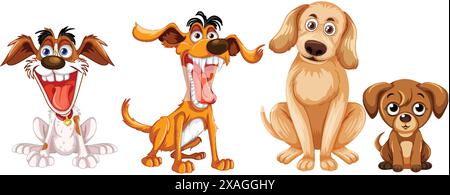 Quattro cani cartoni animati con espressioni gioiose Illustrazione Vettoriale