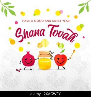 Shana Tovah 2024 Holiday card con divertenti icone emoji di mele di melograno e miele. Sfondo Rosh Hashanah, striscione con frutta in stile cartoni animati. Vettore Illustrazione Vettoriale