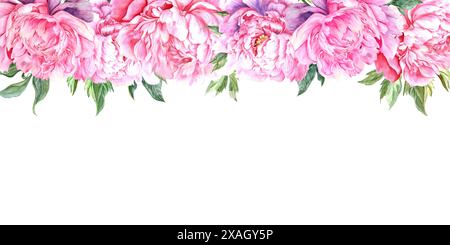 peonie disegnate ad acquerello a mano su sfondo bianco Foto Stock