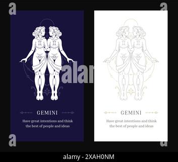 Gemini donna zodiaca antica dea oroscopo linea art deco poster design set di modelli vettoriali. Gemelli femminili mitologia astrologica sacra Illustrazione Vettoriale