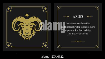 Descrizione simbolo astrologico zodiaco Ariete modello di disegno scheda vintage set con posto per illustrazione vettoriale di testo. Costellazione di arieti con Horoscope Illustrazione Vettoriale