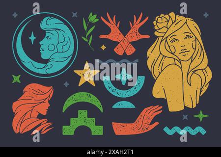 Ritratto della dea luna con stella a mezzaluna boho. Busto di bella donna antica con fiore nei capelli. Mani incrociate in gesto magico con il simbolo o. Illustrazione Vettoriale