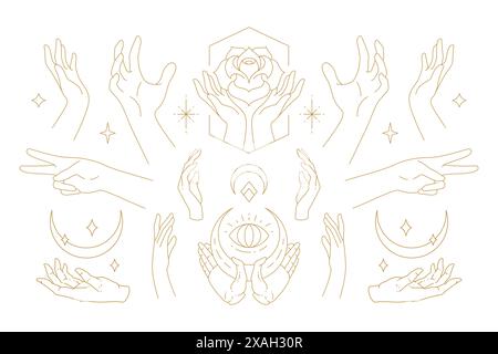 Gesti femminili collezione di illustrazioni vettoriali disegnate a mano. Simboli magici femminili per un emblema misterioso e una confezione o un cele Illustrazione Vettoriale