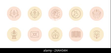 Una serie di icone ed emblemi per le storie dei social media mette in risalto le copertine in un'illustrazione vettoriale lineare. Disegni mistici con segni femminili e magia Illustrazione Vettoriale