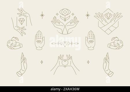 Gesti femminili collezione di illustrazioni vettoriali disegnate a mano. Simboli femminili per l'emblema e la confezione di cosmetici per la cura della pelle Illustrazione Vettoriale