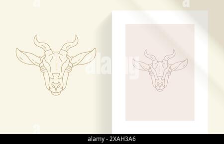 Figura vettoriale lineare silhouette mistica testa di capra selvaggia. Vista frontale capra stile minimale esoterico del contorno dell'oggetto. Adatto per il logo o il poster in dicembre Illustrazione Vettoriale
