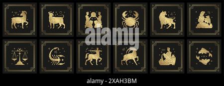 Astrologia zodiacale segni oroscopo silhouette a taglio lineare disegnano illustrazioni vettoriali. Eleganti simboli e icone di un oroscopo zodiacale esoterico Illustrazione Vettoriale