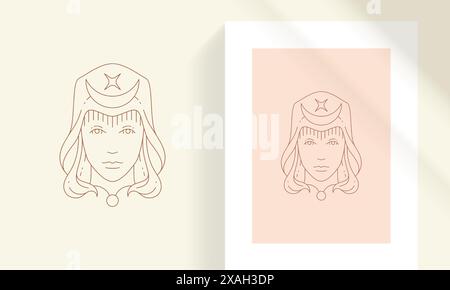 Faccia femminile magica con illustrazione vettoriale in stile arte della linea lunare. Disegno lineare boho mistico da donna per poster e decorazioni con logo di pratiche esoteriche Illustrazione Vettoriale