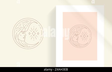 Volto femminile e cristallo lucido in un'illustrazione vettoriale con linee di cornice rotonde. Boho faccia femminile come luna crescente disegno lineare per poster e magia Illustrazione Vettoriale
