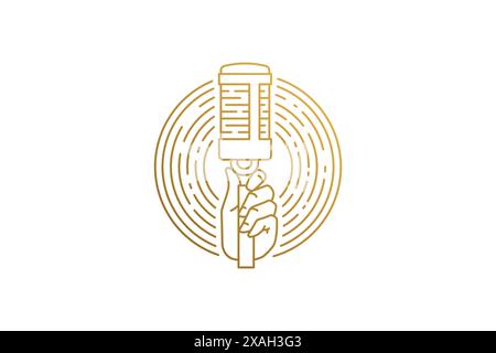 Mano di cantante con silhouette del microfono illustrazione vettoriale lineare. Mano di cantante che tiene in mano un microfono moderno per l'industria radiofonica. Buon per comed Illustrazione Vettoriale