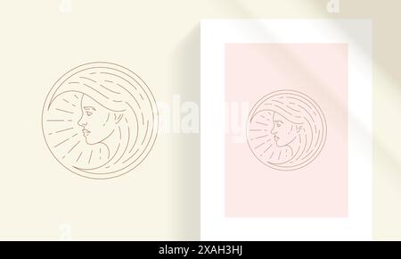 Faccia femminile in immagine vettoriale con linee di telaio rotonde. Boho volto femminile come disegno lineare a mezzaluna lunare per decorare poster e logo magico Illustrazione Vettoriale
