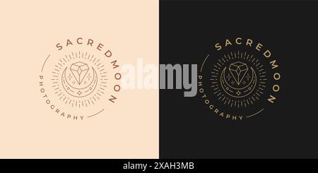 Mezzaluna magica con logo diamante modello illustrazione vettoriale in stile minimal line art. Silhouette mistica lineare con logo esoterico Illustrazione Vettoriale