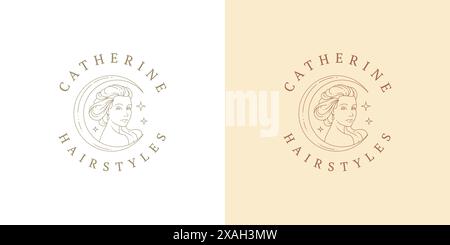 Ritratto femminile come emblema con logo luna mezzaluna modello illustrazione vettoriale in stile minimalista. Silhouette lineare per il viso di una donna per un look esoterico Illustrazione Vettoriale