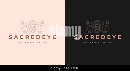 Palla di cristallo magica con logo Ali modello grafico vettoriale in stile minimal line art. Silhouette lineare dell'occhio per logotipo esoterico o Illustrazione Vettoriale
