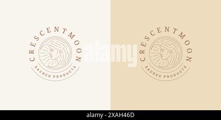 Ritratto femminile come emblema con logo luna mezzaluna modello illustrazione vettoriale in stile minimalista. Silhouette lineare per il viso di una donna per un look esoterico Illustrazione Vettoriale