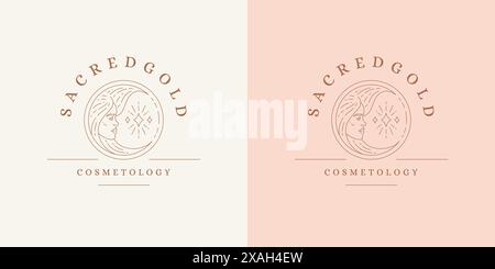 Ritratto femminile come emblema con logo luna mezzaluna modello illustrazione vettoriale in stile minimalista. Silhouette lineare per il viso di una donna per un look esoterico Illustrazione Vettoriale