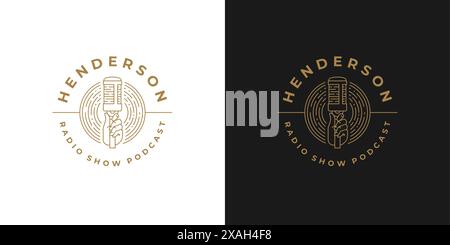 Mano del cantante con logo del microfono illustrazione vettoriale lineare. Cantante con silhouette moderna per microfono per l'industria radiofonica. Buon per la commedia Illustrazione Vettoriale