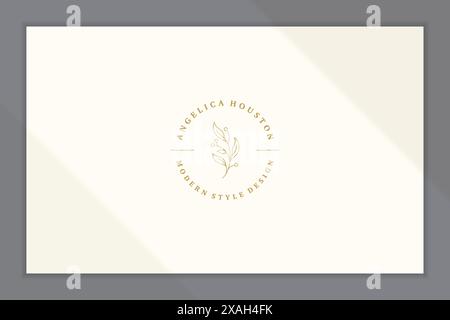 Illustrazione vettoriale minima del modello di emblema lineare con ramo vegetale con foglie e bacche creato per uno stile moderno stile di linea aziendale Illustrazione Vettoriale