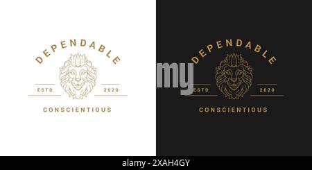 Illustrazione vettoriale lineare del modello del logo della testa di leone. Elegante design con emblema nel telaio progettato per il successo del marchio aziendale o del packaging dei prodotti reali Illustrazione Vettoriale