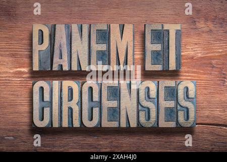 Panem et circenses antica frase latina che significa pane e circhi, combinata su una superficie in legno verniciato vintage Foto Stock