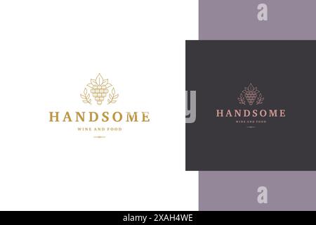 Illustrazione vettoriale minima di un elegante modello di emblema con un mazzo di uve e foglie progettato per lo stile della linea di negozi di vino e cibo Illustrazione Vettoriale
