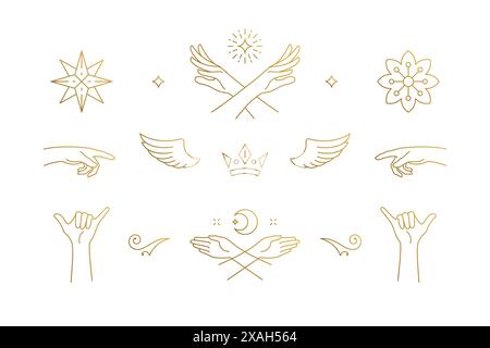 Linea vettoriale elementi di design eleganti - ali e lancette con gesti illustrazioni stile minimale lineare. Linea bohémien delicata Illustrazione Vettoriale