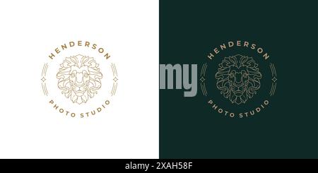 Illustrazione vettoriale lineare del modello del logo della testa del leone reale. Elegante design con emblema progettato per il marchio aziendale di successo o per i prodotti di lusso pac Illustrazione Vettoriale