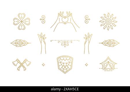 Linea vettoriale eleganti elementi di design decorativi, illustrazioni della testa di leone e delle mani con gesti, stile minimale e lineare. Collezione bohémien delicata outl Illustrazione Vettoriale