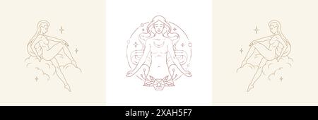 Magica creatura femminile e donna su nuvola in un set di illustrazioni vettoriali in stile boho lineare. Emblemi boemi dalle linee dorate con simboli femminili per i misti Illustrazione Vettoriale