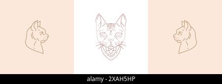 Mitologia gatto antico in stile boho lineare con illustrazioni vettoriali. Semplici emblemi bohémien dalle linee dorate con simboli delle teste delle dee feline per i ragazzi Illustrazione Vettoriale